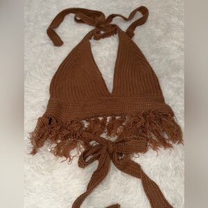 Almost Famous Brown Crocheted Fringe Halter Top